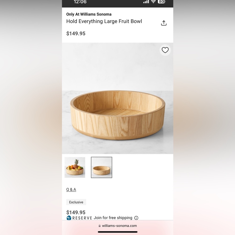 Williams-Sonoma Wooden Fruit Bowl NWT